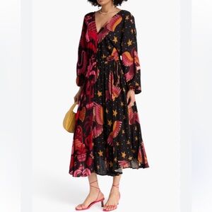 Farm Rio Black Macaws maxi dress star buttons